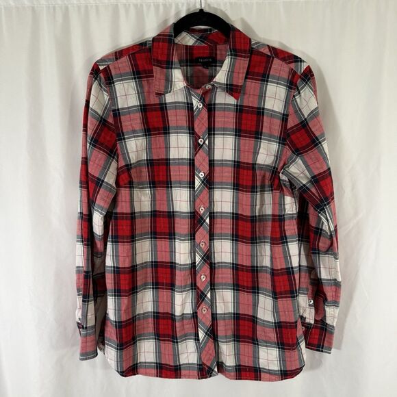 Talbots Blouse Women's Medium Red White Metallic Plaid Button Up Long Sleeve - Picture 1 of 9